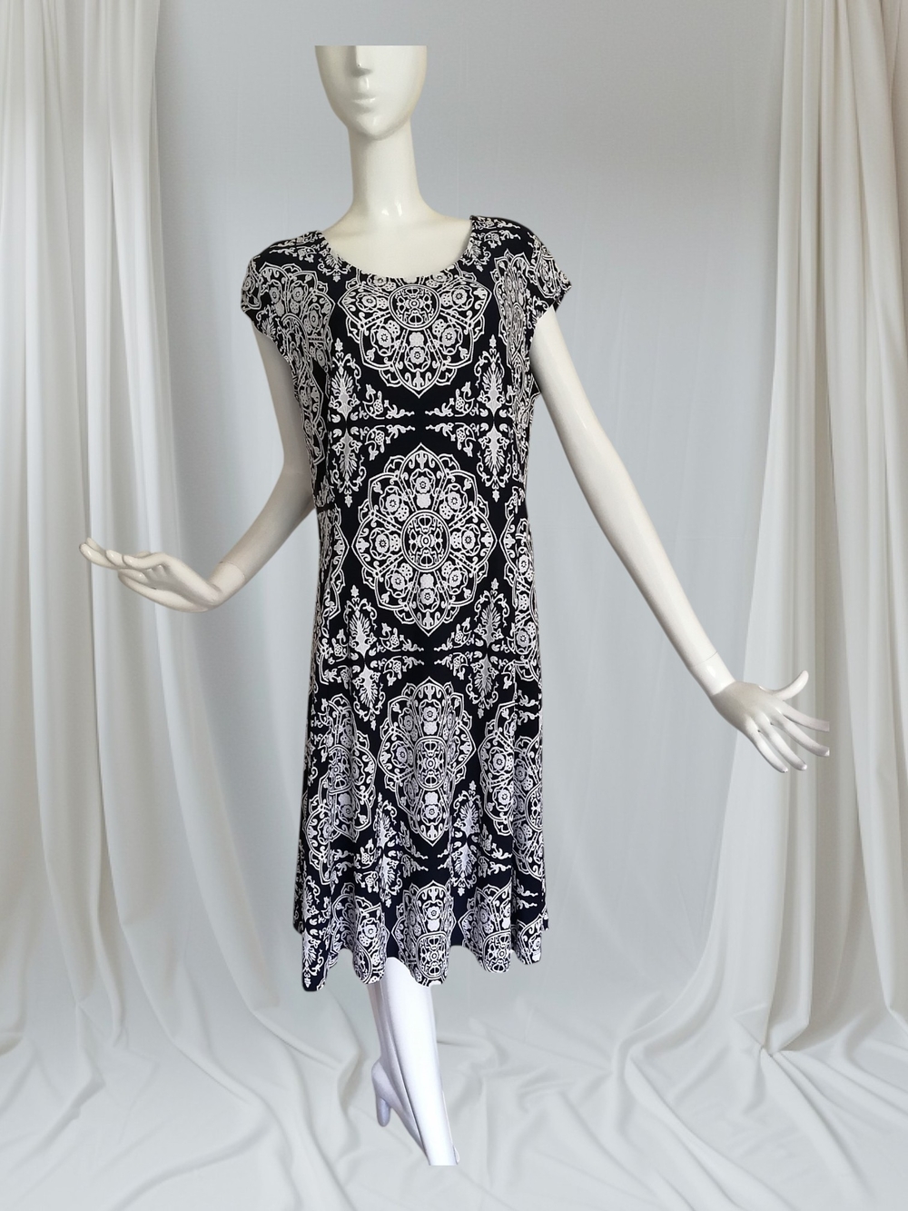 TanJay Black and White Midi Dress with Medallion Print